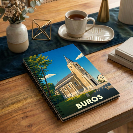 Carnet souvenir de la ville de Buros illustré d'une vue stylisée de son église sous un ciel bleu.