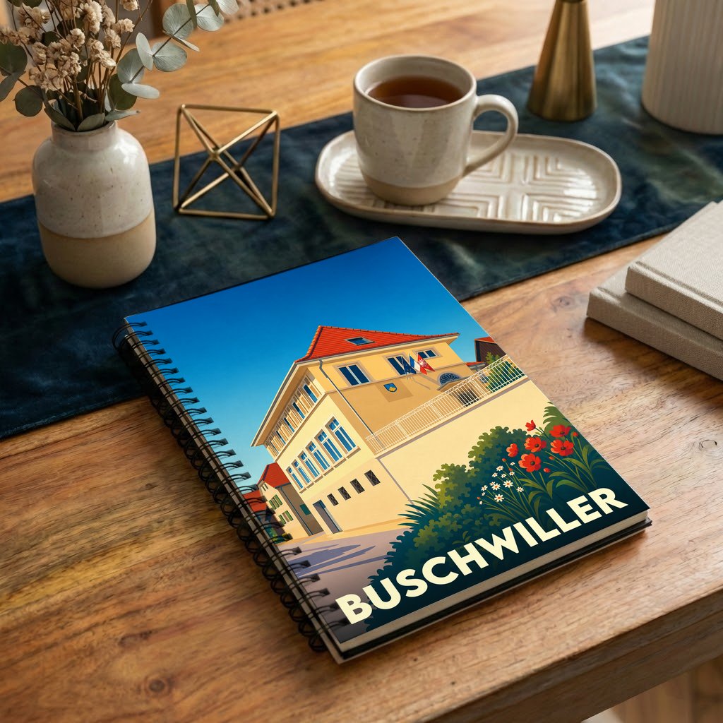 Carnet souvenir de la ville de Buschwiller avec une illustration stylisée.