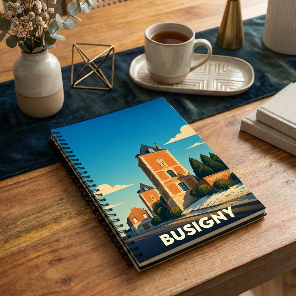 Carnet à spirales souvenir de la ville de Busigny avec une illustration stylisée.