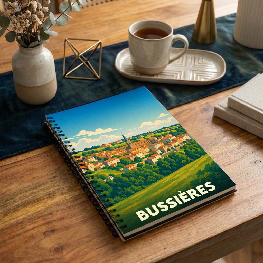 Carnet à spirales souvenir de la ville de Bussières avec une illustration stylisée de son paysage.