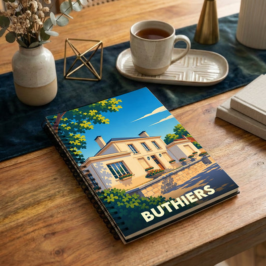 Carnet à spirales souvenir de la ville de Buthiers avec une illustration stylisée d'une maison ensoleillée.