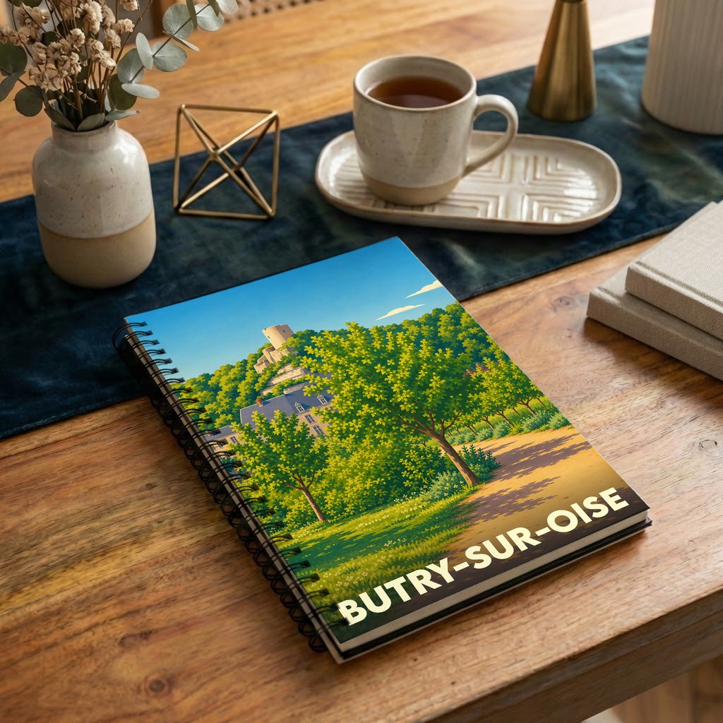 Carnet à spirales souvenir de Butry-sur-Oise avec une illustration stylisée d'un paysage verdoyant et de son patrimoine.