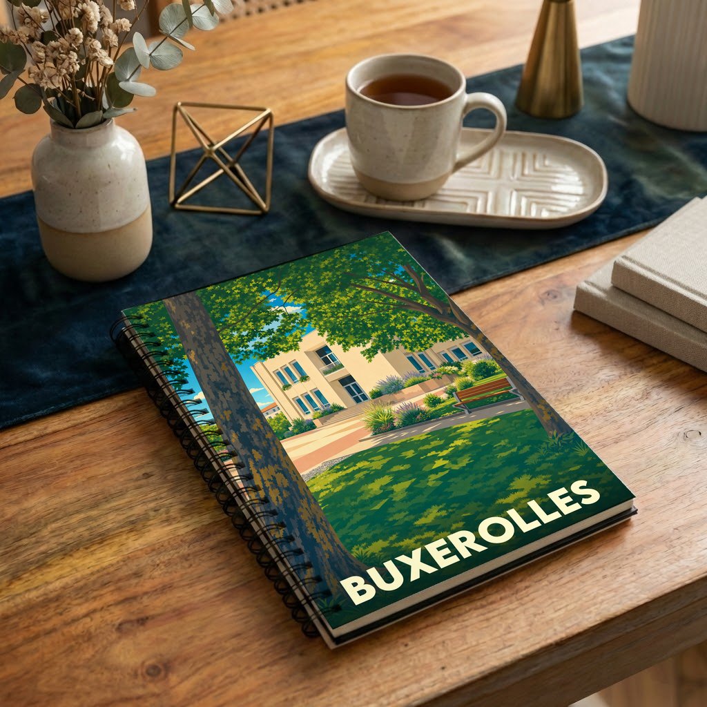 Carnet souvenir de la ville de Buxerolles avec une illustration stylisée d'un bâtiment arboré.