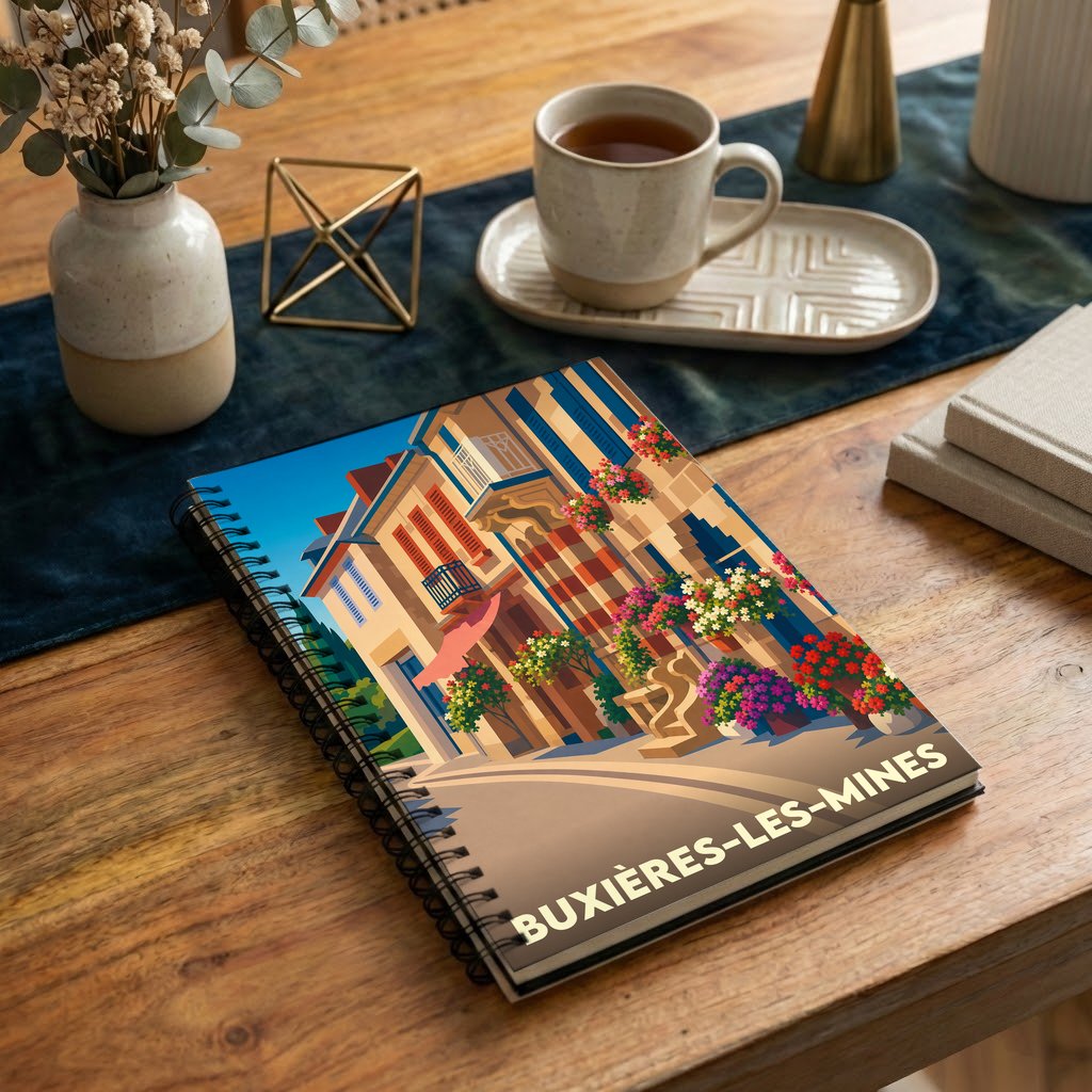Carnet à spirales souvenir de la ville de Buxières-les-Mines avec une illustration colorée et stylisée de ses rues fleuries.