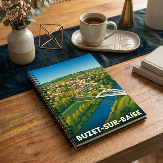 Carnet de notes souvenir de la ville de Buzet-sur-Baïse avec une illustration stylisée de son paysage.