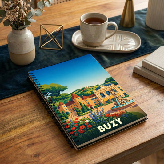 Carnet souvenir de la ville de Buzy avec une illustration colorée et stylisée.