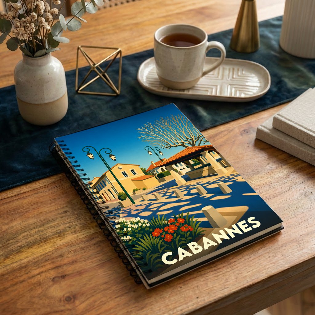 Carnet à spirales souvenir de la ville de Cabannes avec une illustration stylisée et colorée.