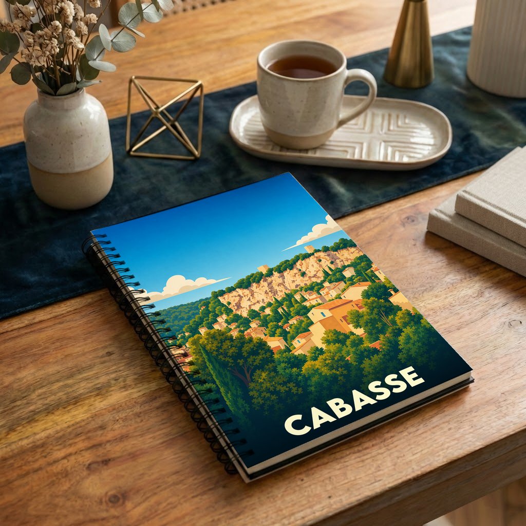 Carnet à spirale souvenir de la ville de Cabasse avec une illustration stylisée.