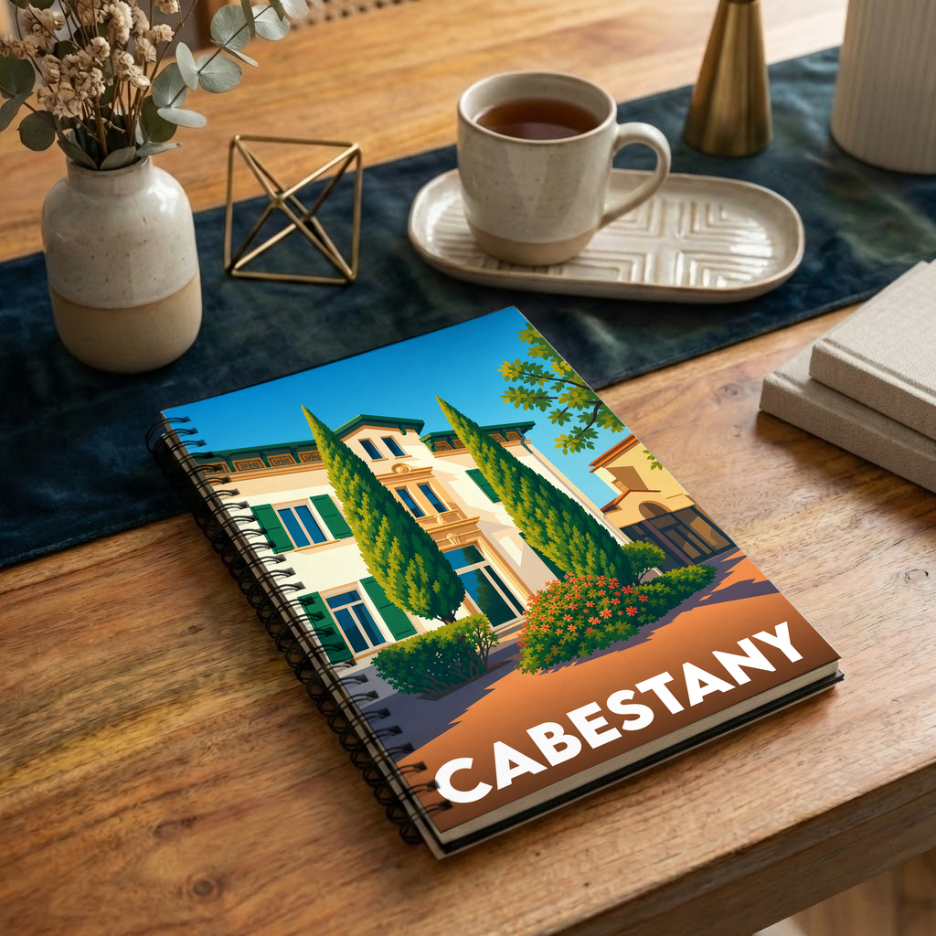 Carnet souvenir de la ville de Cabestany illustré par une élégante villa méditerranéenne entourée de cyprès.