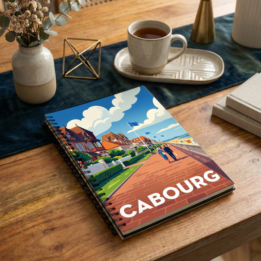Carnet souvenir de la ville de Cabourg avec une illustration stylisée de sa promenade maritime.