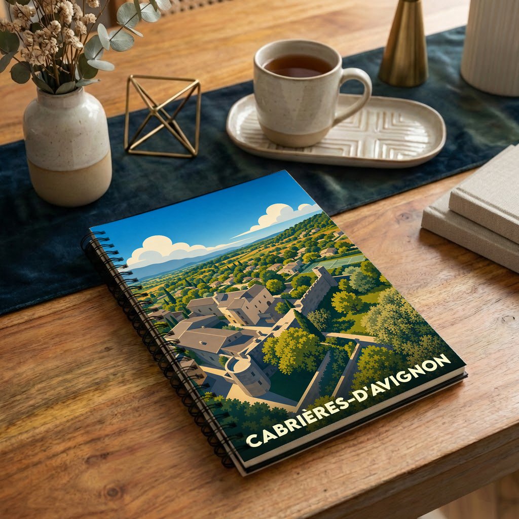 Carnet à spirales souvenir de la ville de Cabrières-d'Avignon avec une illustration stylisée de ses paysages.