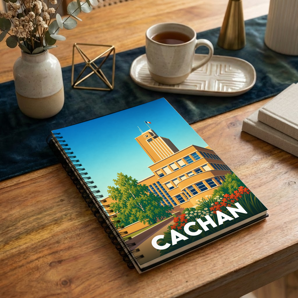 Carnet de notes souvenir de la ville de Cachan avec une illustration stylisée de son hôtel de ville.