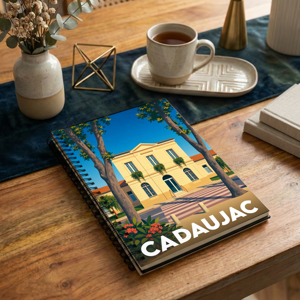 Carnet souvenir de la ville de Cadaujac avec une illustration stylisée de sa mairie.