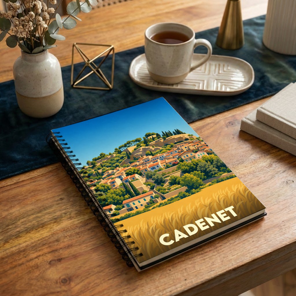 Carnet souvenir à spirale de la ville de Cadenet illustré par un paysage provençal stylisé.
