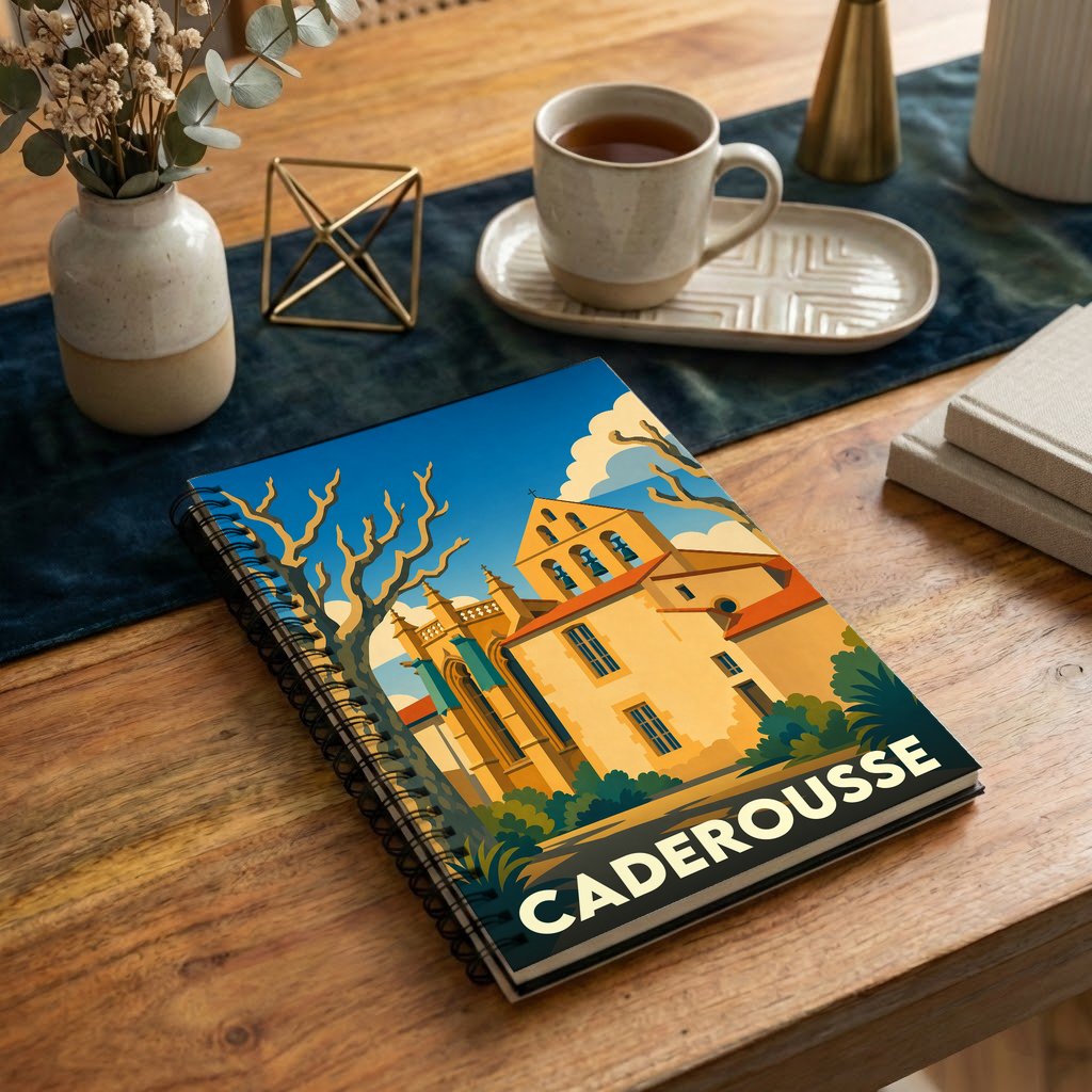 Carnet souvenir de la ville de Caderousse avec une illustration stylisée de son architecture.