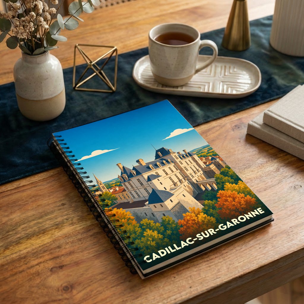Carnet souvenir de la ville de Cadillac-sur-Garonne avec une illustration stylisée de son château.
