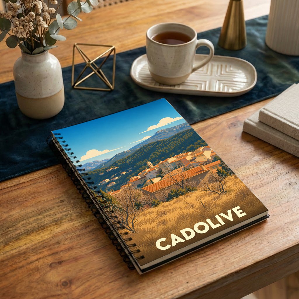 Carnet à spirales souvenir de la ville de Cadolive avec une illustration stylisée de son paysage provençal.