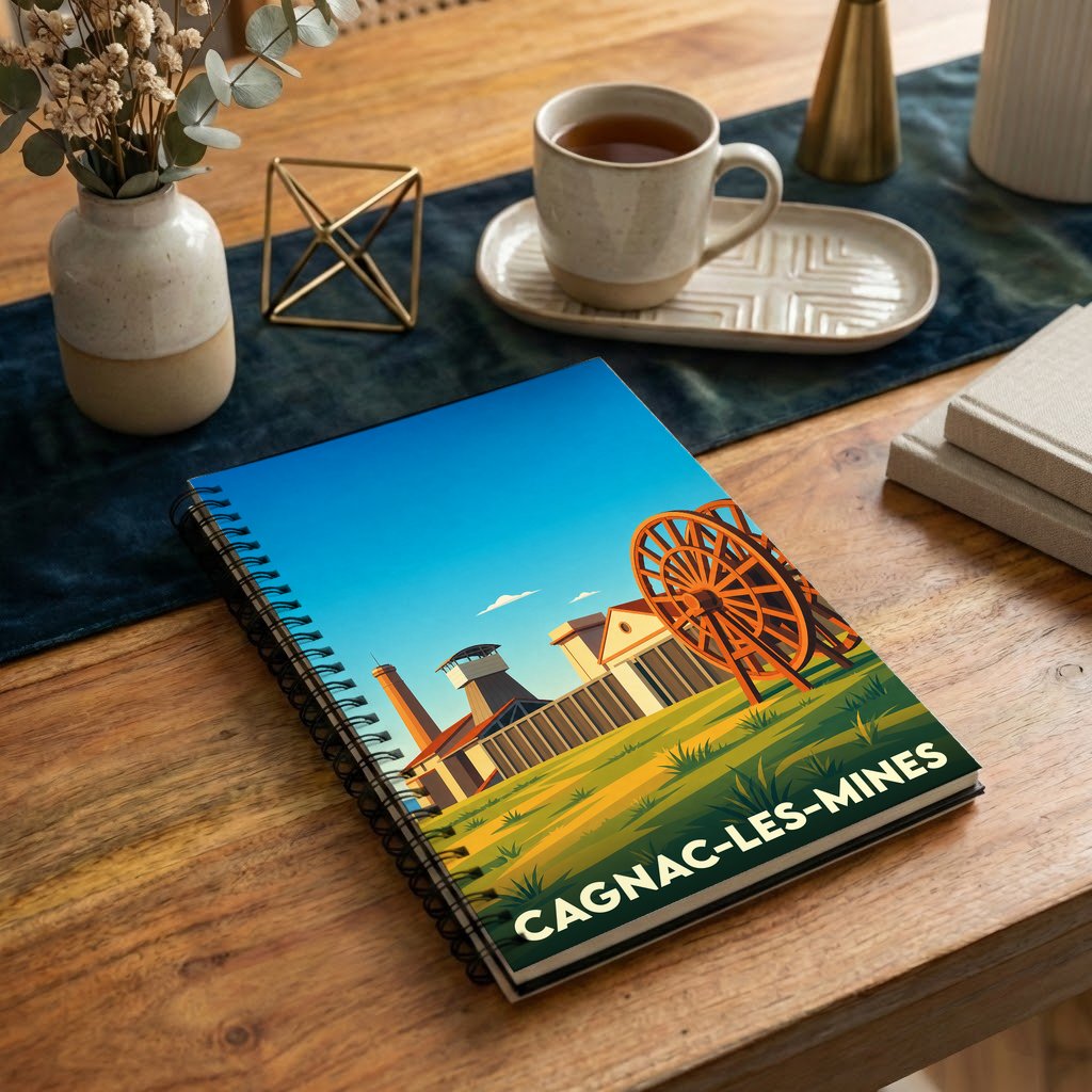 Carnet à spirales souvenir de la ville de Cagnac-les-Mines avec une illustration stylisée de son patrimoine minier.