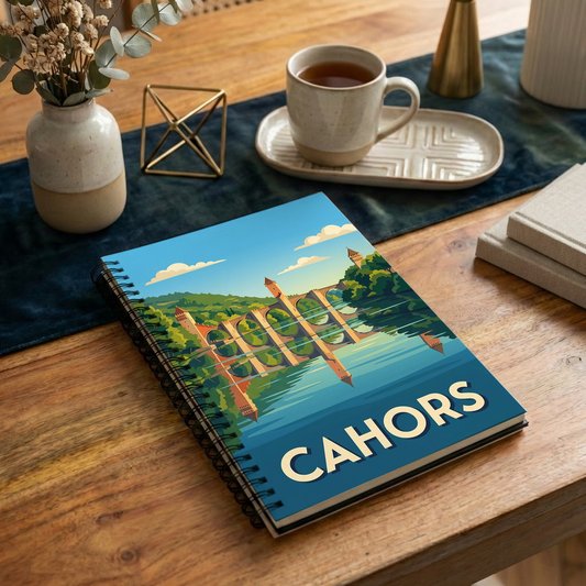 Carnet souvenir de la ville de Cahors avec une illustration stylisée de son pont emblématique.