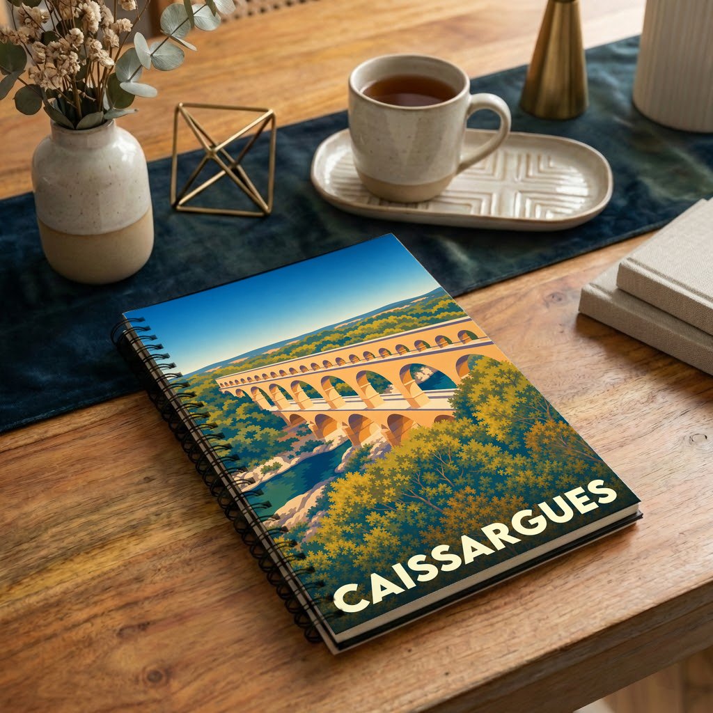 Carnet souvenir de la ville de Caissargues avec une illustration stylisée d'un aqueduc.