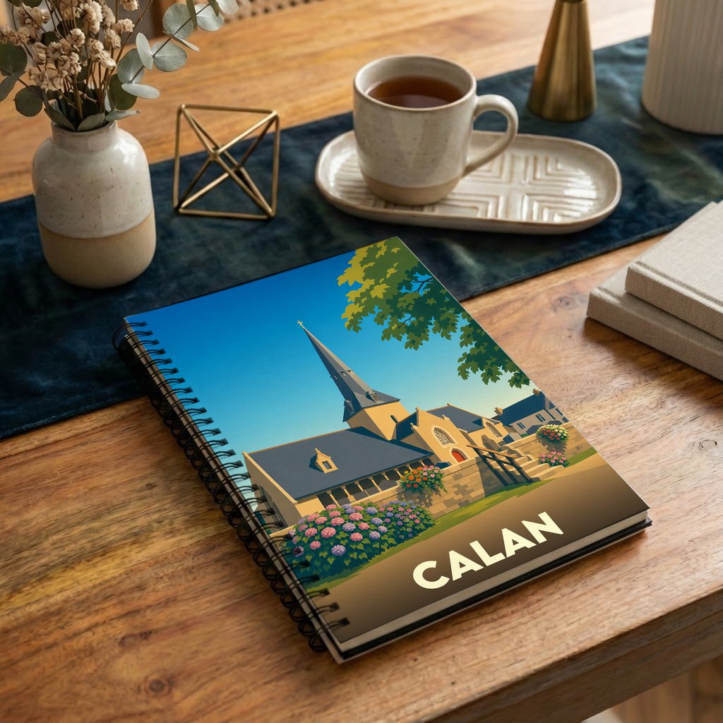 Carnet à spirales souvenir de la ville de Calan avec une illustration stylisée de son église.
