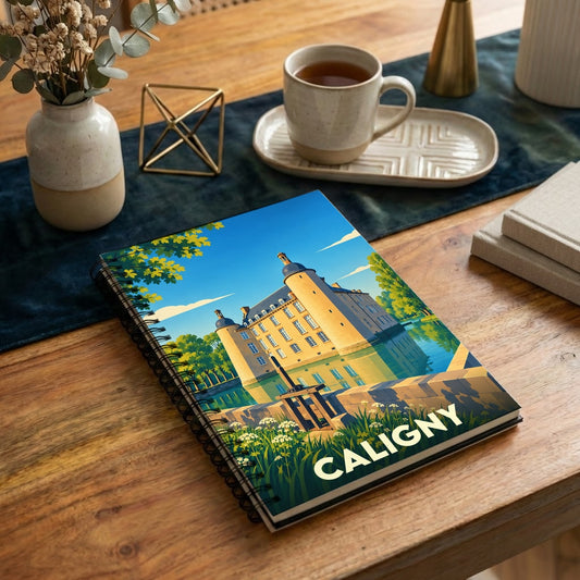Carnet à spirales souvenir de la ville de Caligny avec une illustration stylisée de son château.