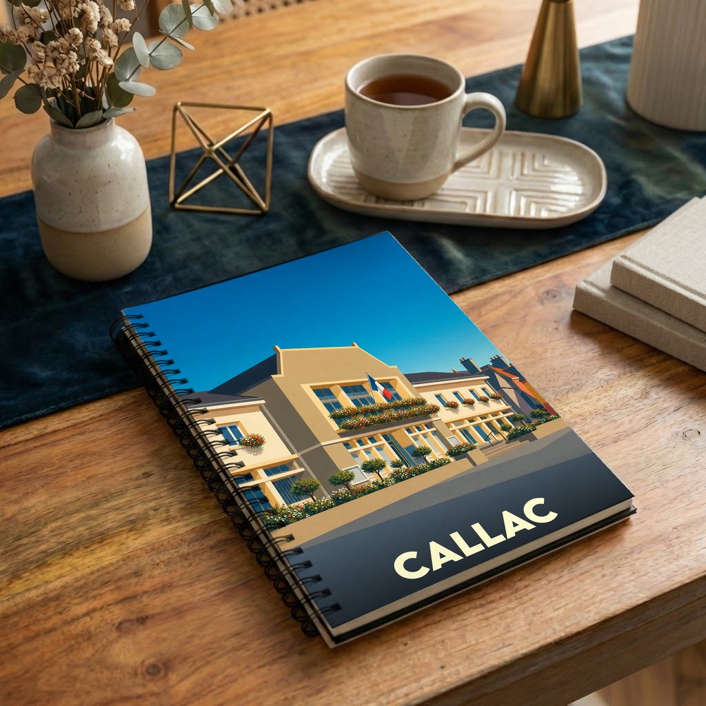 Carnet souvenir à spirales de la ville de Callac illustré d'un bâtiment stylisé sous un ciel bleu.
