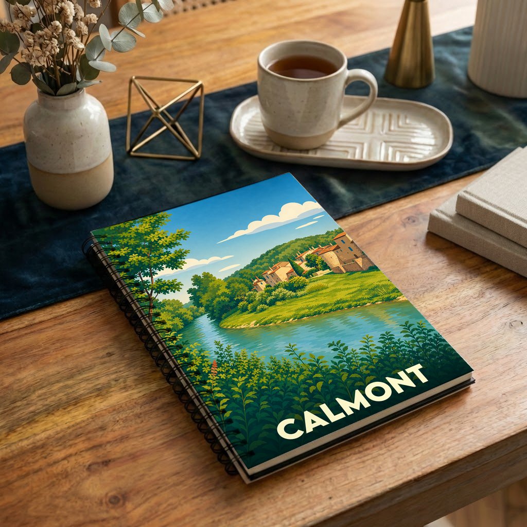 Carnet souvenir de la ville de Calmont illustré d'un paysage de rivière et de collines.