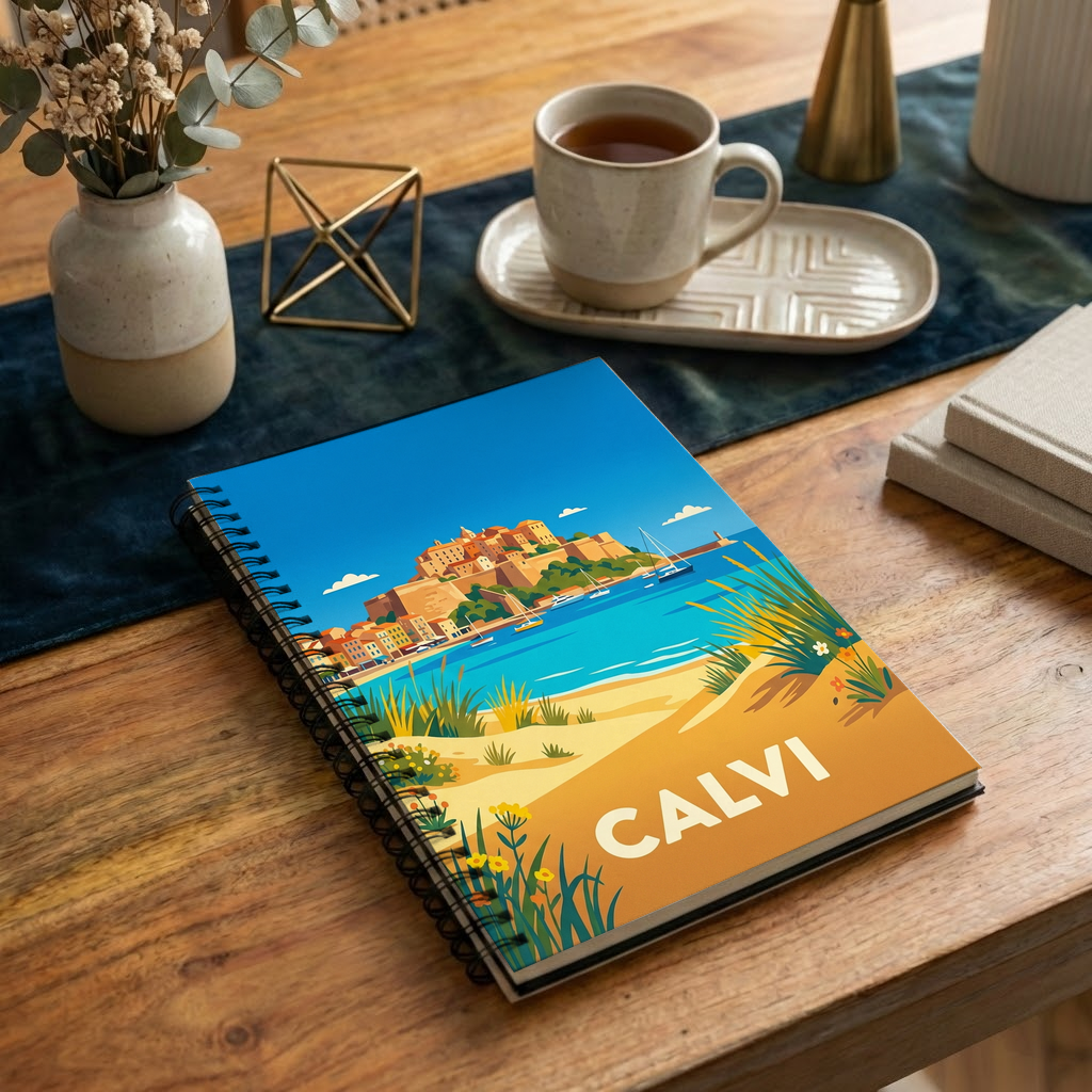 Carnet souvenir de la ville de Calvi avec une illustration stylisée.