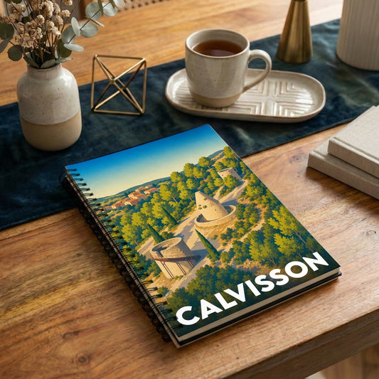 Carnet souvenir de la ville de Calvisson avec une illustration stylisée de ses moulins.