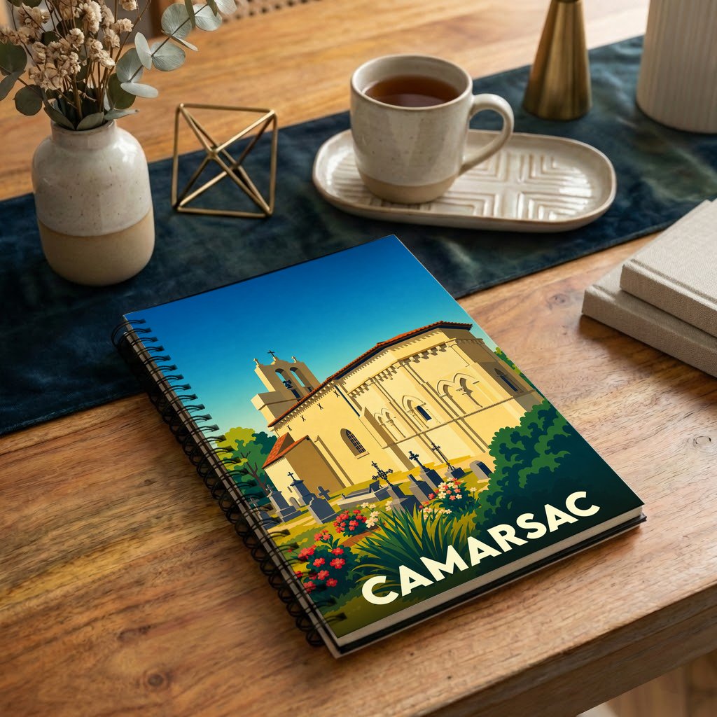 Carnet souvenir de la ville de Camarsac avec une illustration stylisée de son église.