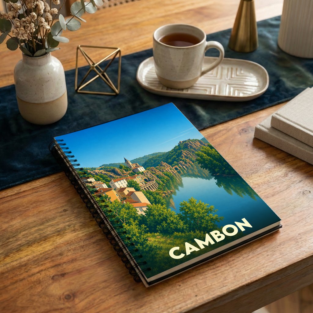 Carnet à spirales souvenir de la ville de Cambon avec une illustration stylisée d'un paysage fluvial.