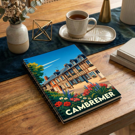 Carnet à spirales souvenir de la ville de Cambremer avec une illustration stylisée de maisons à colombages et de fleurs.