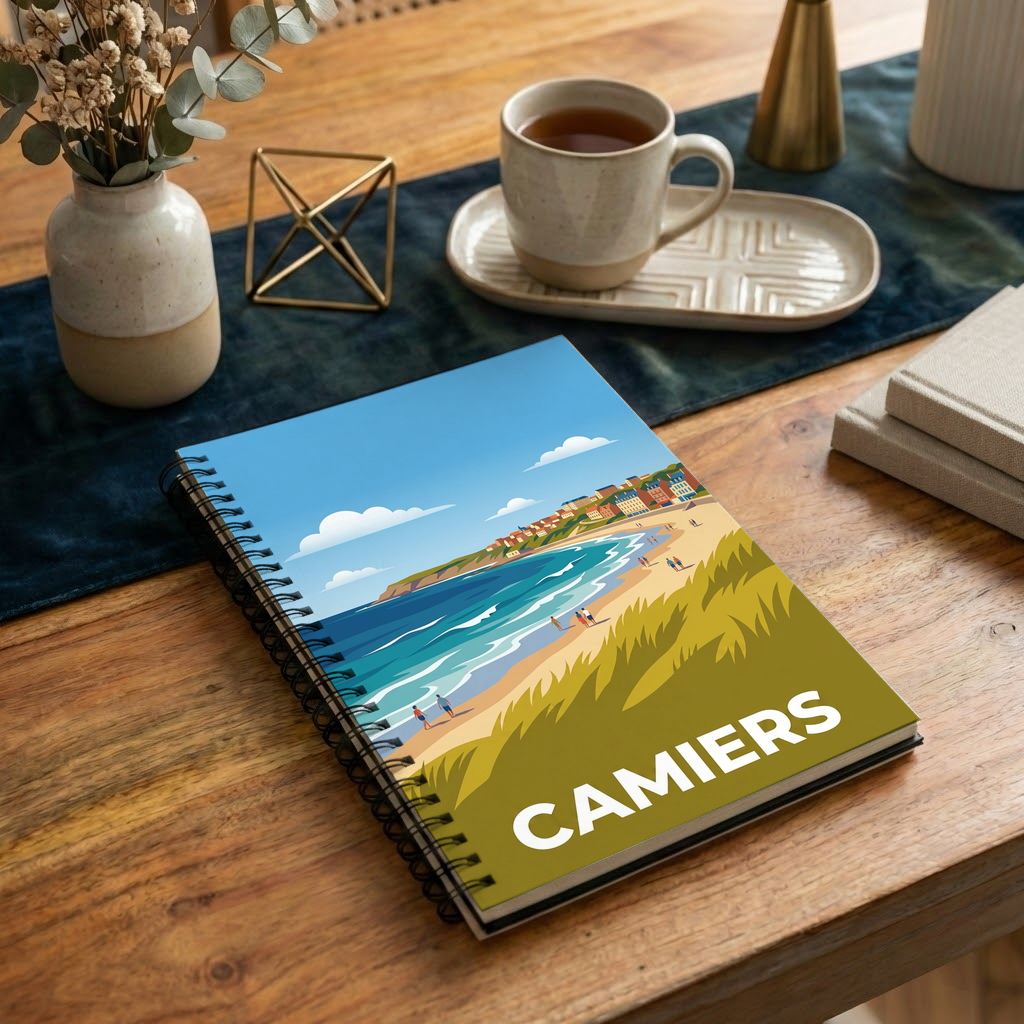 Carnet souvenir de la ville de Camiers avec une illustration stylisée de sa plage.