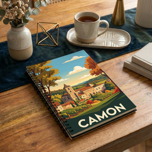Carnet souvenir de la ville de Camon avec une illustration stylisée.