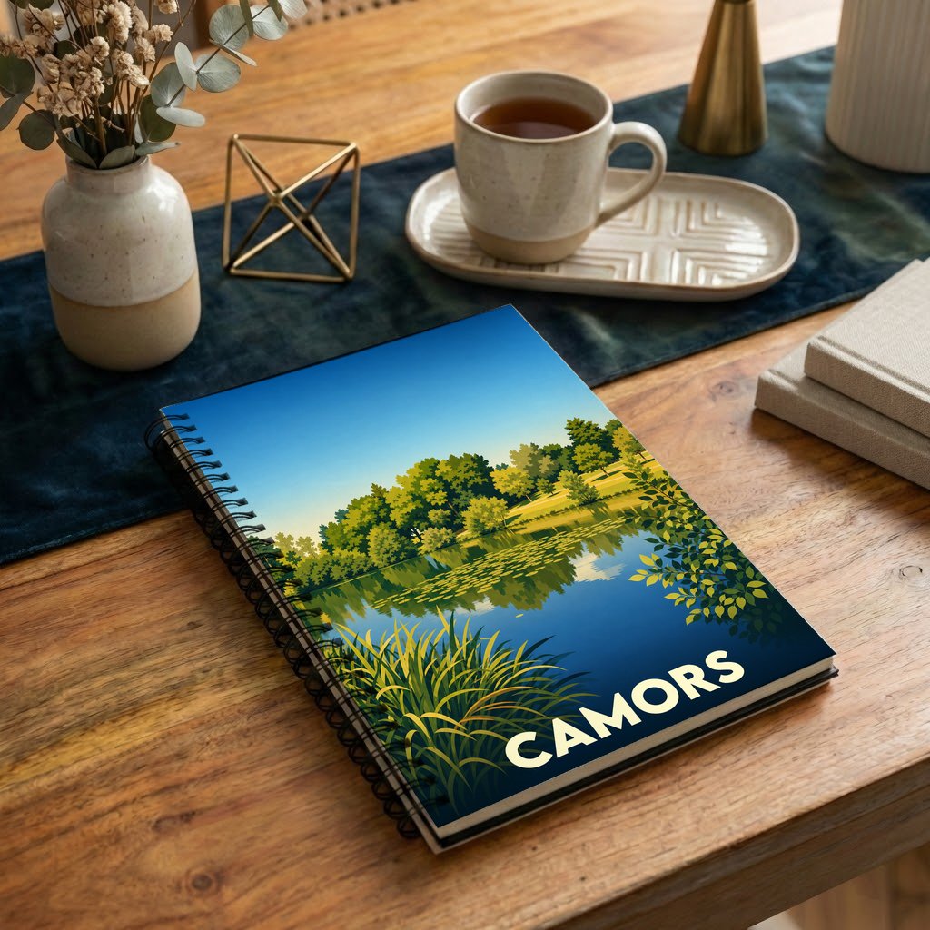 Carnet à spirales souvenir de la ville de Camors avec une illustration stylisée d'un étang bordé de forêt.