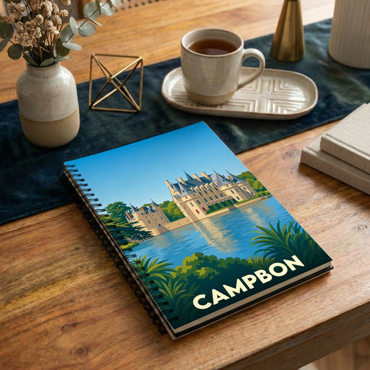 Carnet à spirales souvenir de la ville de Campbon avec une illustration stylisée d'un château au bord de l'eau.