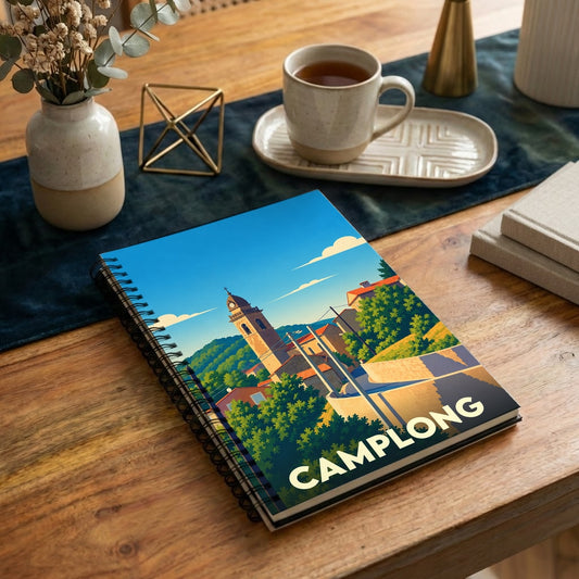 Carnet souvenir de la ville de Camplong avec une illustration stylisée.