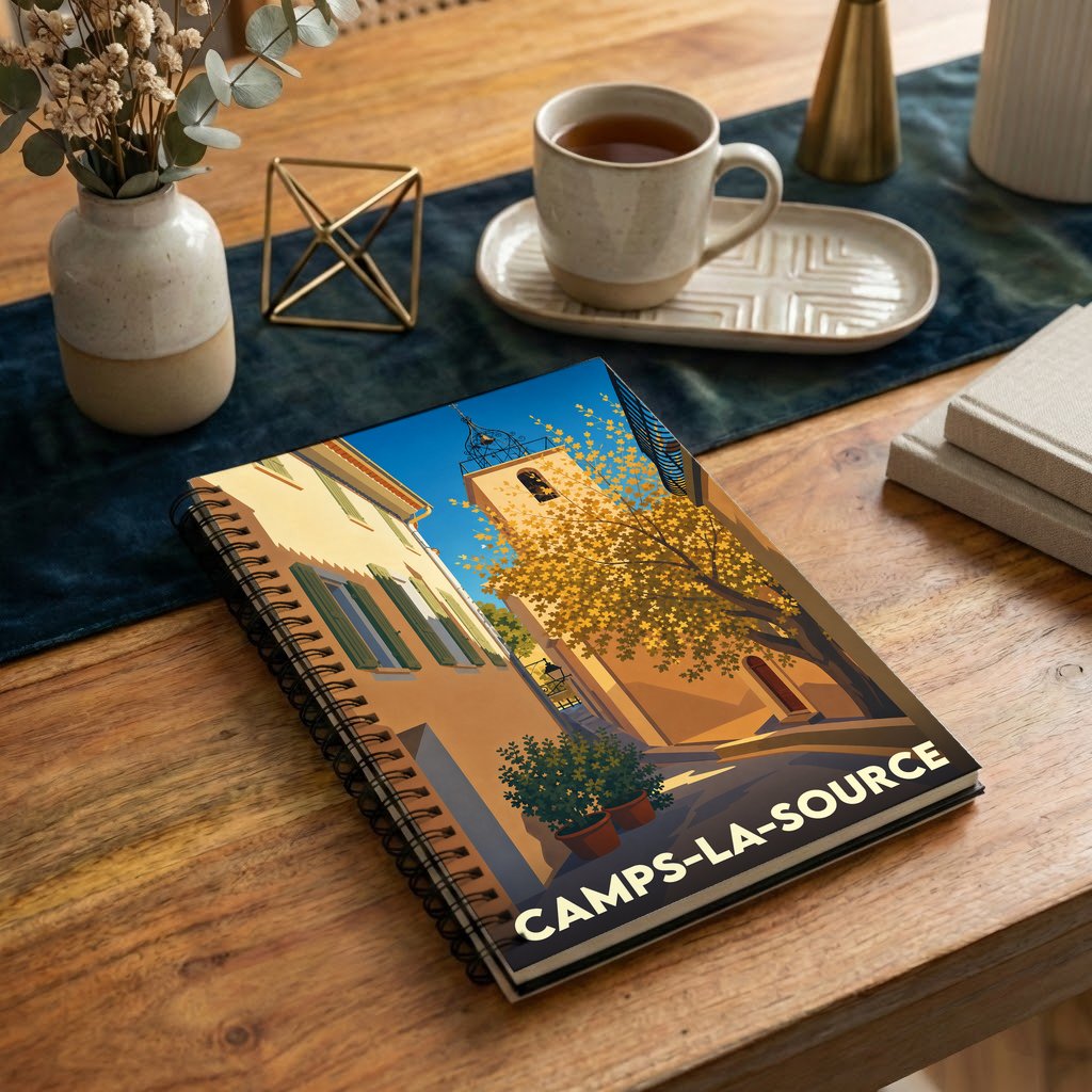 Carnet souvenir de la ville de Camps-la-Source avec une illustration stylisée d'une ruelle provençale.