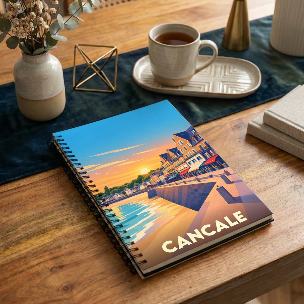 Carnet à spirales souvenir de la ville de Cancale avec une illustration stylisée d'un coucher de soleil sur le port.