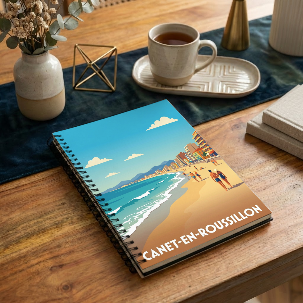 Carnet de notes souvenir de la ville de Canet-en-Roussillon avec une illustration stylisée de sa plage.