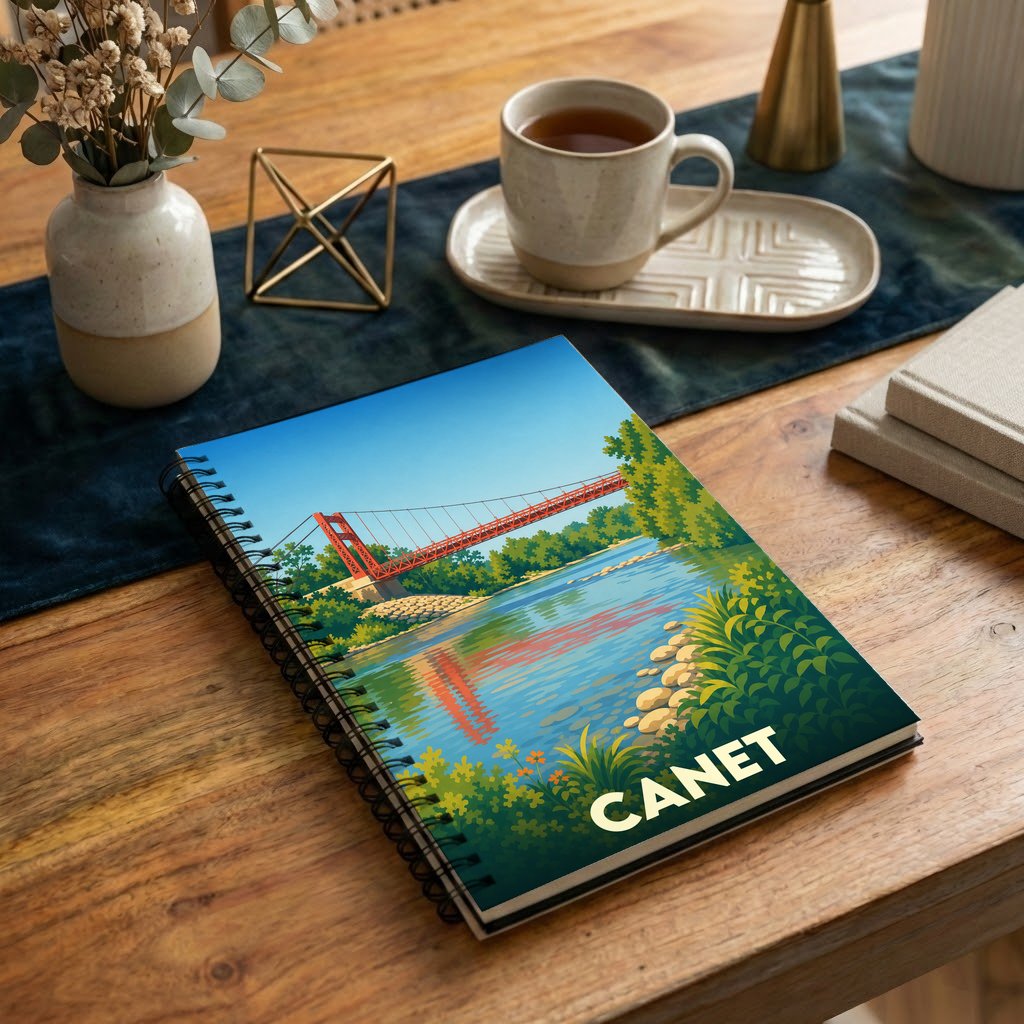 Carnet souvenir de la ville de Canet illustré d'un pont suspendu rouge au-dessus d'une rivière.