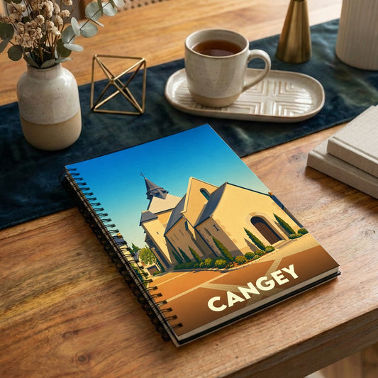 Carnet souvenir de la ville de Cangey avec une illustration stylisée d'une église sur la couverture.