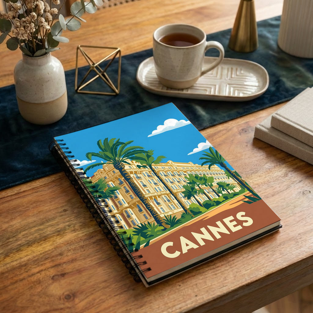 Carnet souvenir de la ville de Cannes avec une illustration graphique stylisée.