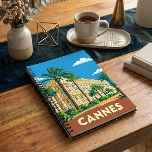 Carnet souvenir de la ville de Cannes avec une illustration graphique stylisée.