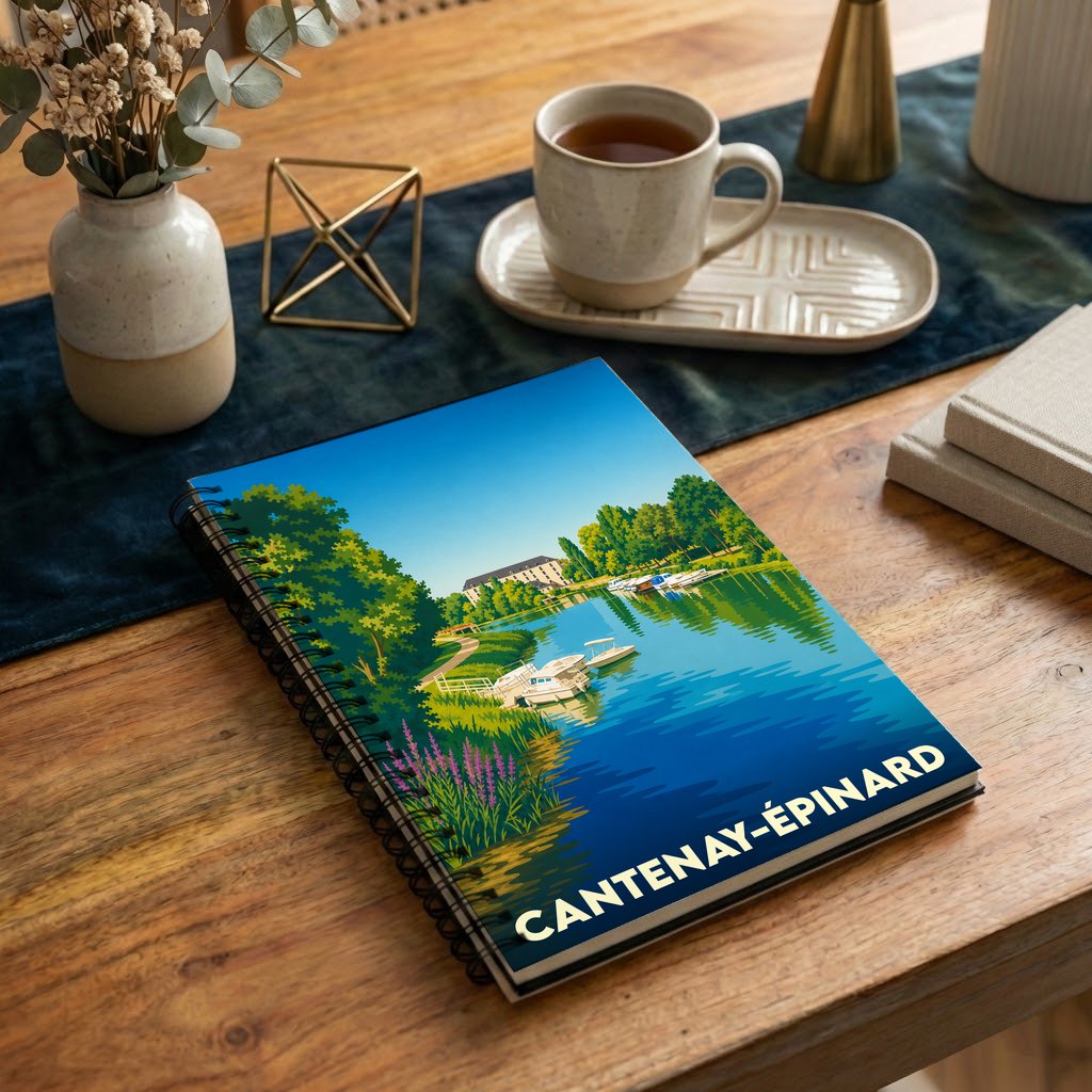 Carnet à spirales souvenir de la ville de Cantenay-Épinard avec une illustration stylisée des bords de la Mayenne.