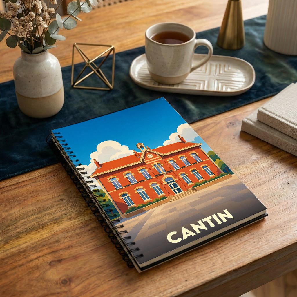 Carnet à spirales souvenir de la ville de Cantin avec une illustration stylisée d'un bâtiment historique.