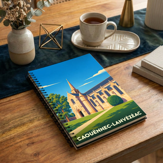 Carnet souvenir de la ville de Caouënnec-Lanvézéac avec une illustration stylisée de son église.