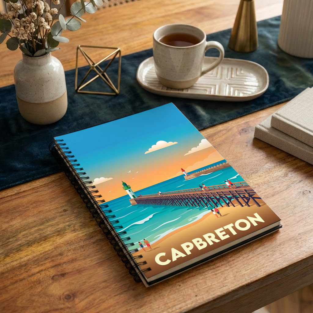 Carnet souvenir de la ville de Capbreton avec une illustration stylisée de son bord de mer.