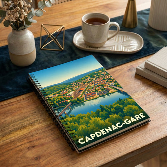 Carnet souvenir de la ville de Capdenac-Gare avec une illustration paysagère stylisée.